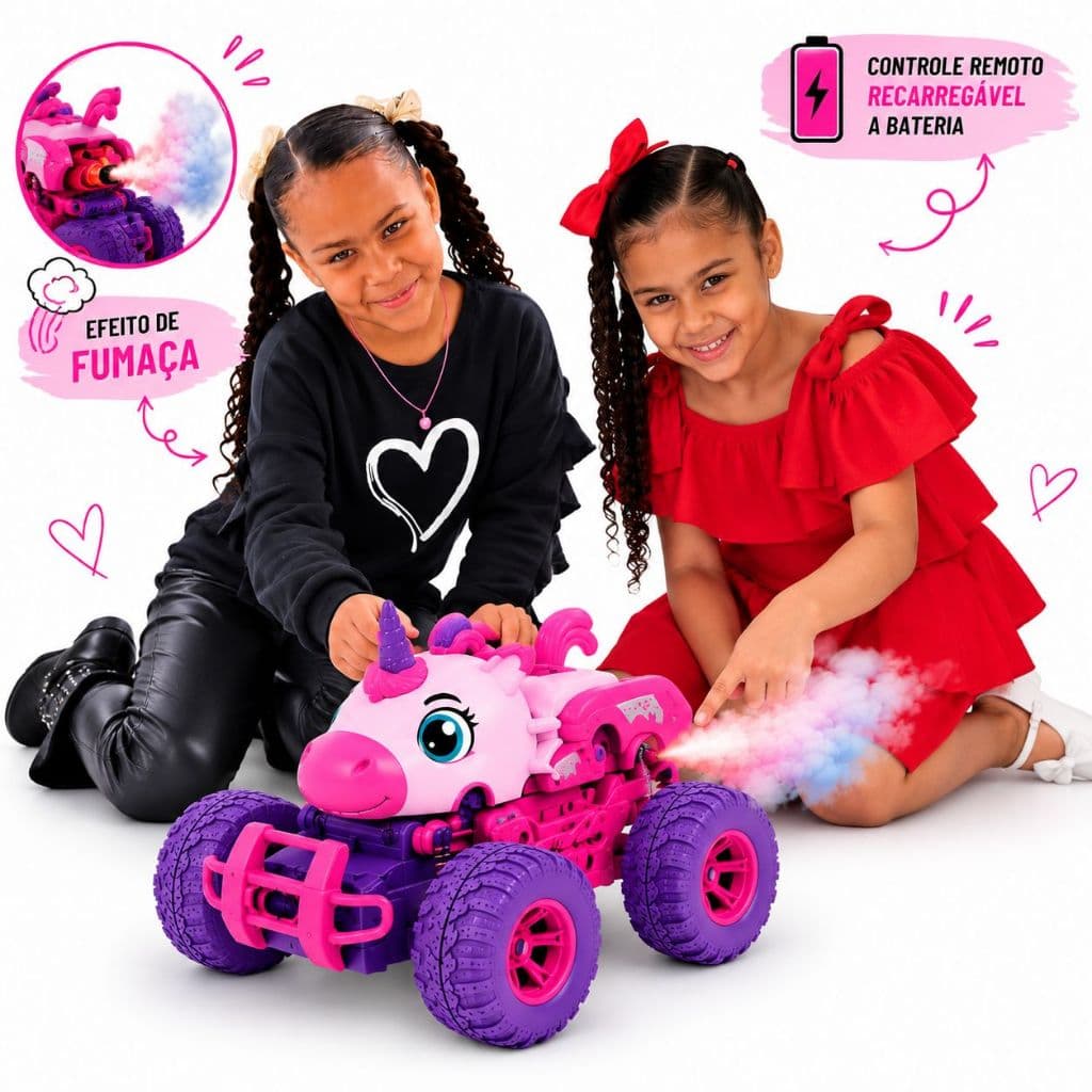 Carrinho de Controle Remoto Unicórnio Solta Fumaça Brinquedo de Menina Carro Rosa Recarregável Led