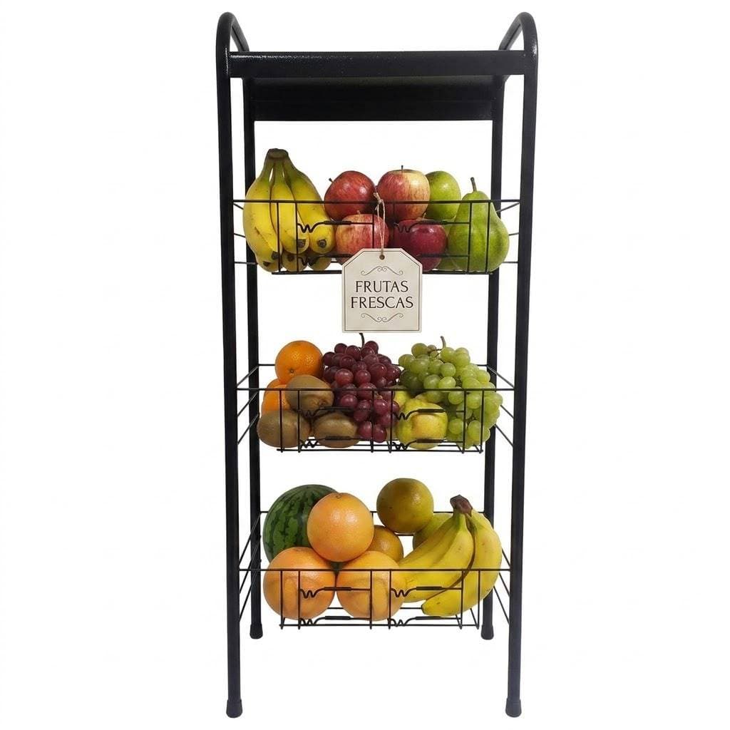 Fruteira De Chão Organizador Multiuso Cozinha Inox Preto Cestos Moderna