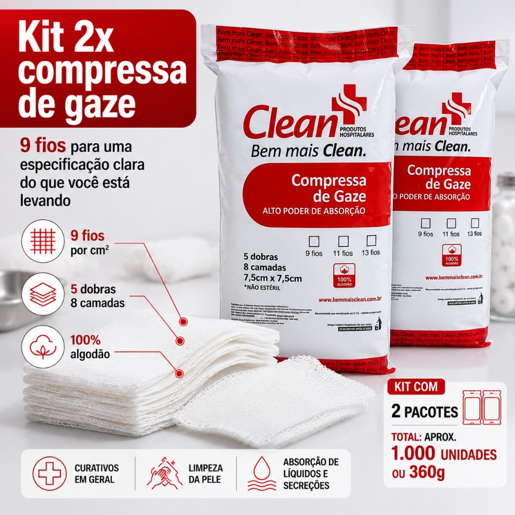 Kit 2x Compressa De Gaze 9 Fios Não Estéril Hidrófila 360g ou 1000Un Pacote Curativo