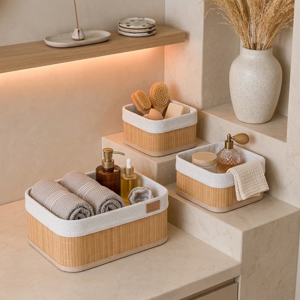Kit 3 Cestos Organizadores Bambu Cesta Trançada Multiuso Banheiro Quarto Closet Lavanderia Escritório Decorativo Natural
