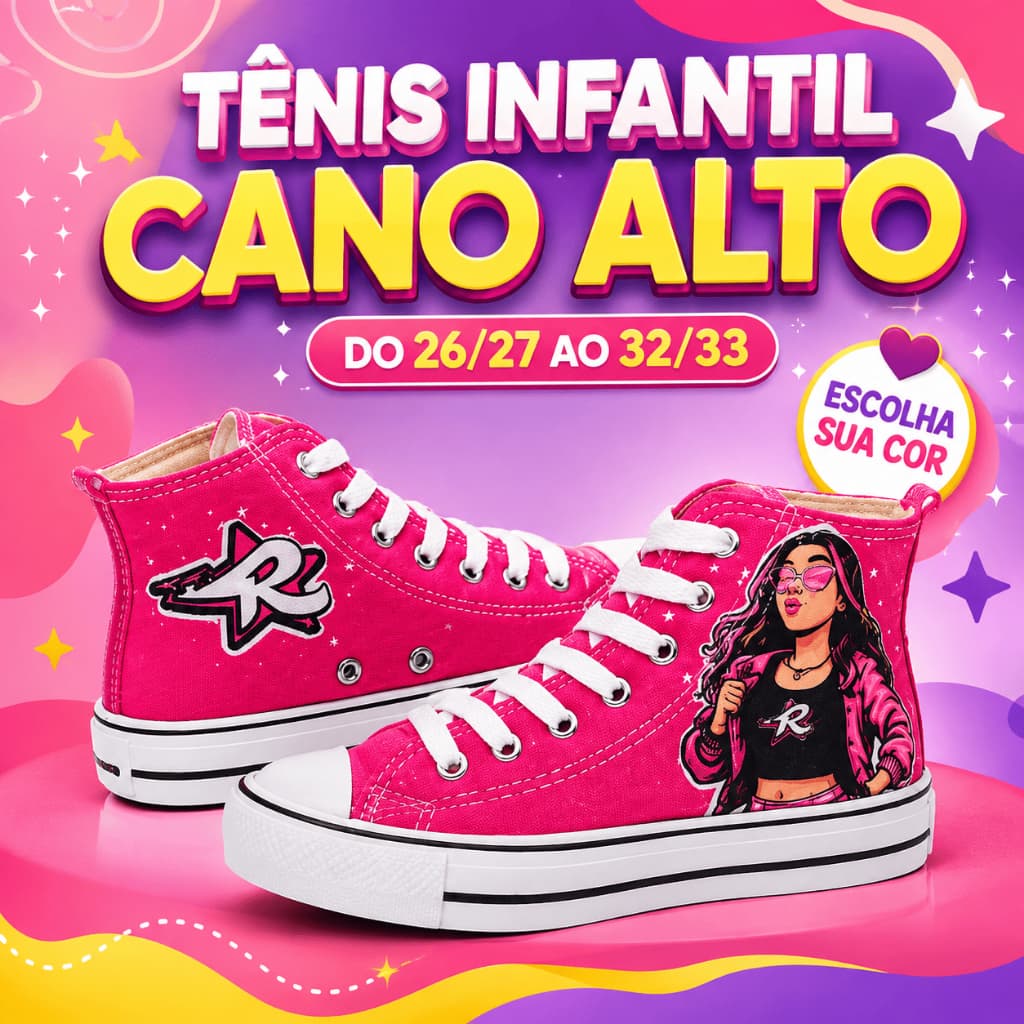 Tênis Feminino Infantil Rosa Cano Alto para Menina Escolar Casual Confortável Passeio Sapato Calçado Infantil