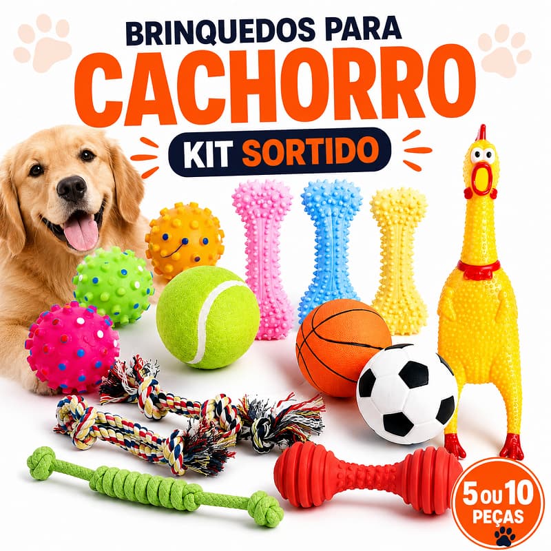 Kit 5 ou 10 Brinquedos Sortidos para Cachorro com Bolinhas Mordedores e Cordas Interativas Pet
