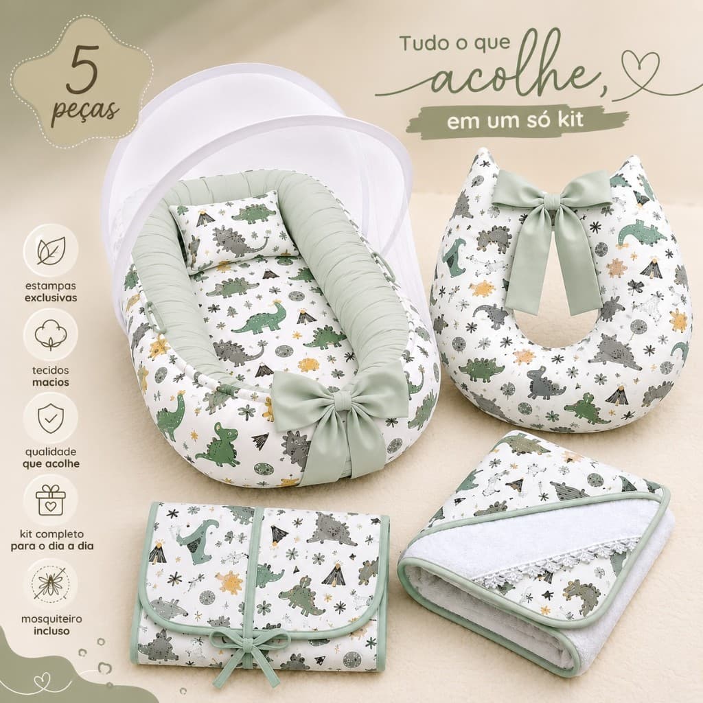 Kit Enxoval Bebê 5 Peças – Ninho Redutor, Almofada Amamentar, Toalha Forrada, Trocador Portátil e Mosquiteiro