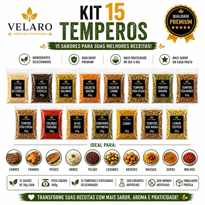 Kit 15 Temperos e Especiarias 30g Cada 450g para Carnes Feijão e Cozinha Velaro(kt03)