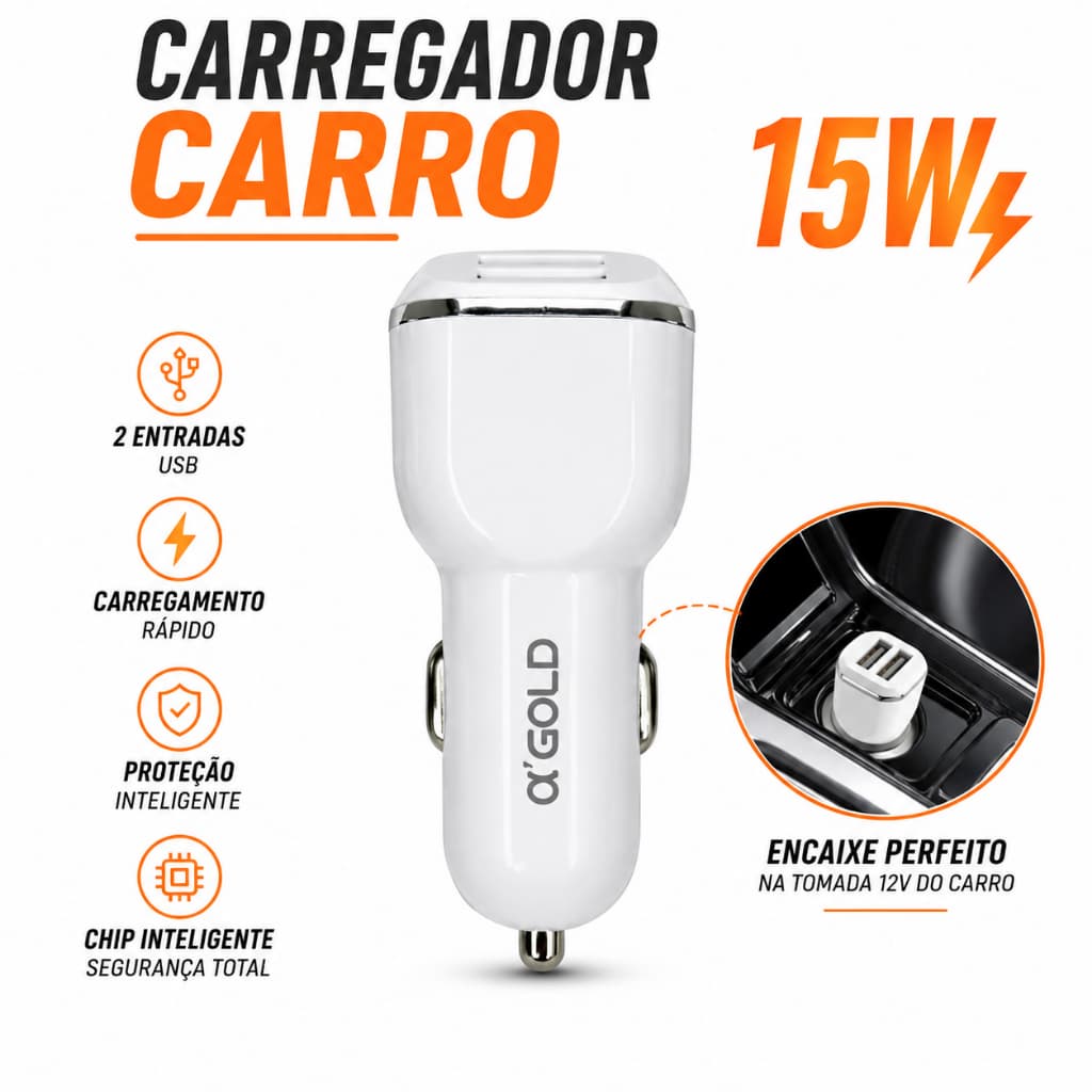 Carregador de Carro para Celular Carregador Veicular Turbo 15W USB 2 Entradas CJ11 A'GOLD