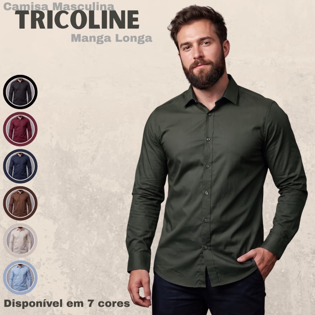 camiseta Social Manga Longa Masculina de Botão Modelo Slim Fit Resistente- Seca Rápido