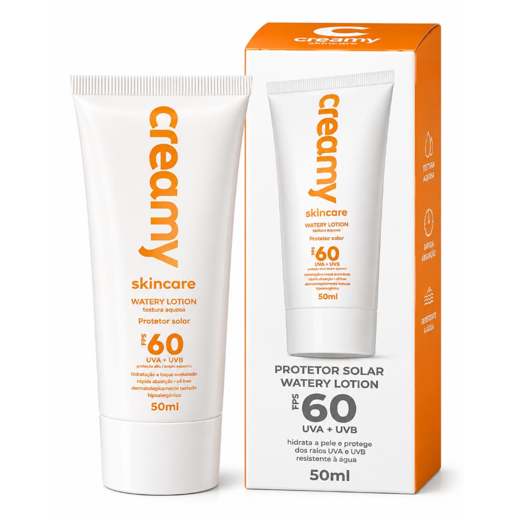 Protetor Solar Creamy Watery Lotion FPS 60 50ml | UVA + UVB Oil Free Toque Aveludado