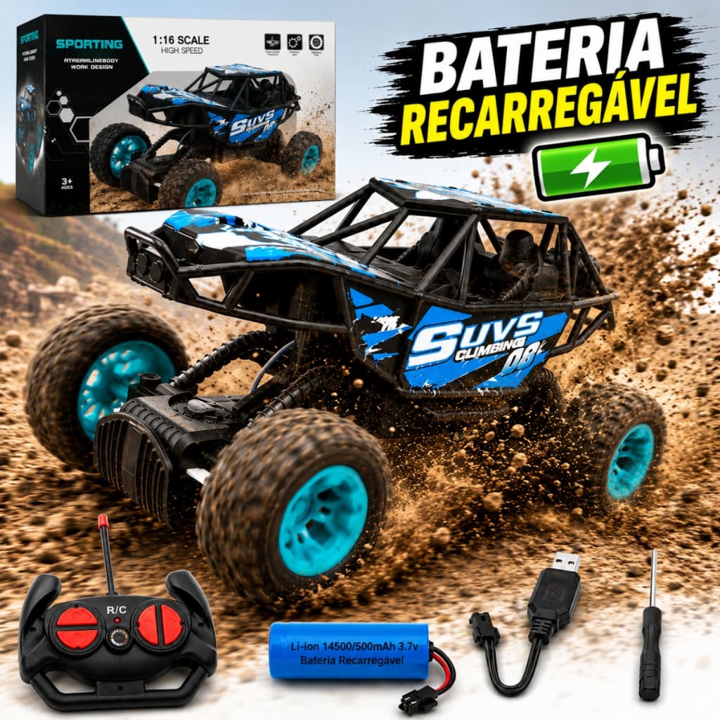 Carrinho Controle Remoto Grande Off Road Jipe SUV Rally 1:16 Recarregável com Luz Brinquedo Menino Pratitudo Toys