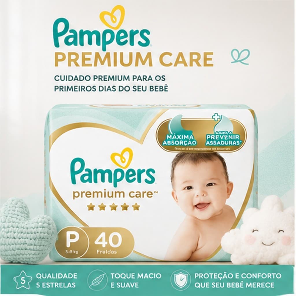 Fralda Pampers Premium Care P 40 Unidades | 5 a 8kg | Fralda Descartável