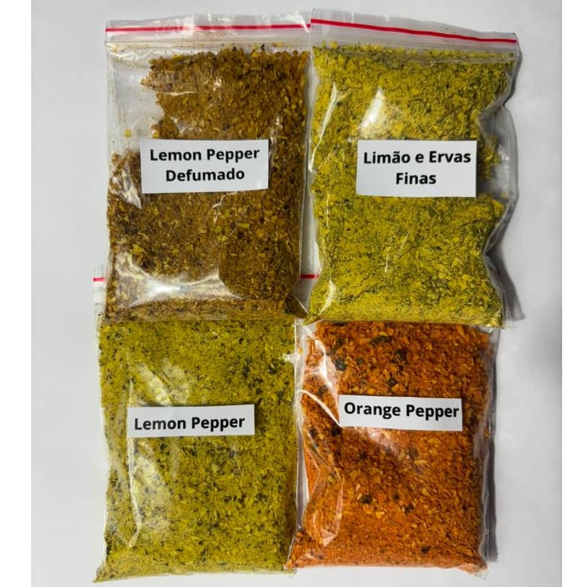Kit de Temperos Artesanais Lemon Pepper + Lemon Pepper Defumado + Limão e Ervas Finas + Orange Pepper