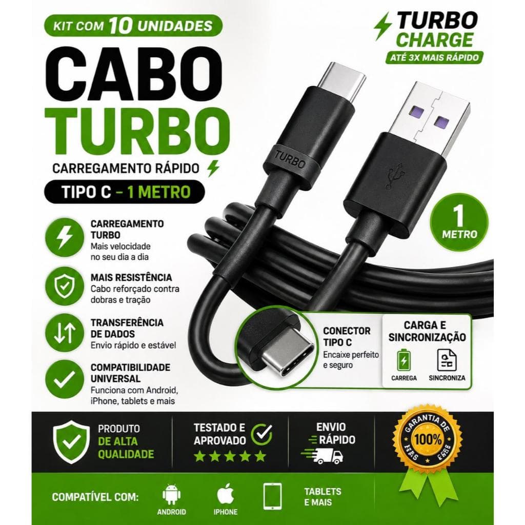 Kit 10 Cabo Tipo C Turbo Carregador Rápido 1 Metro USB-C para Celular Android e IOS