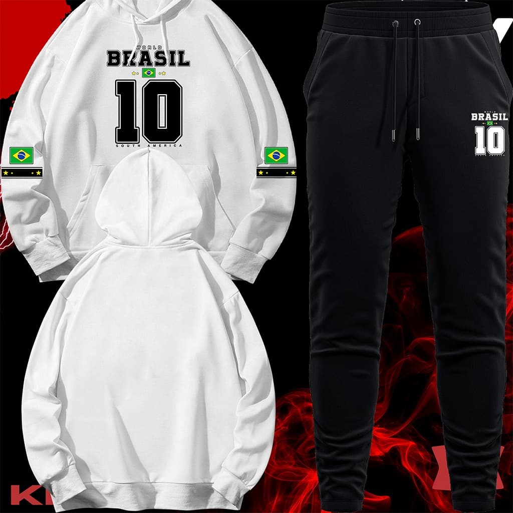 Conjunto Moletom Unissex Adulto Blusa de Frio Canguru e Calça Personalizada Estampa WORLD BRAZIL