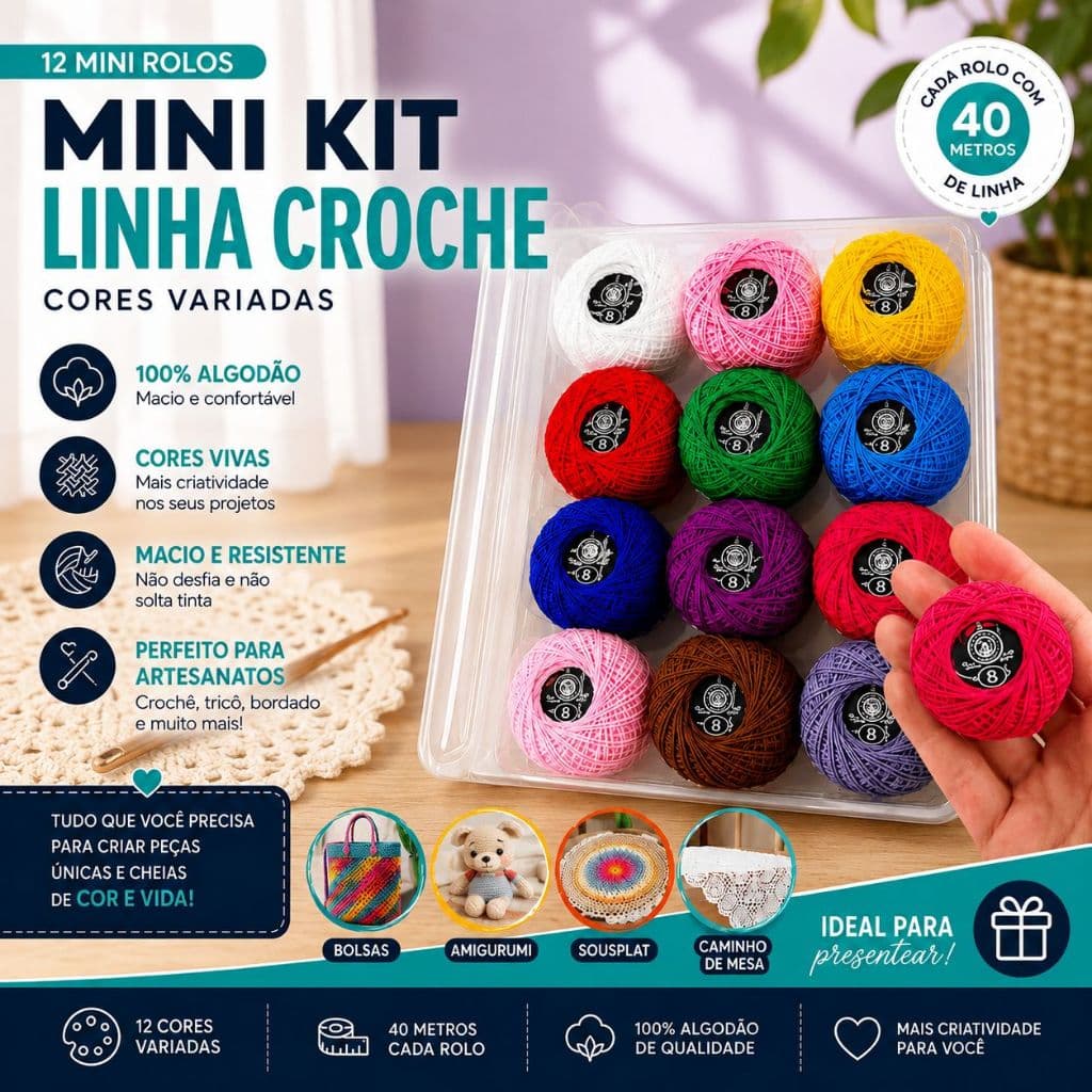 Kit 12 Linhas para Crochê 40 Metros 100% Algodão Cores Variadas Artesanato Tricô Bordado Costura -BH