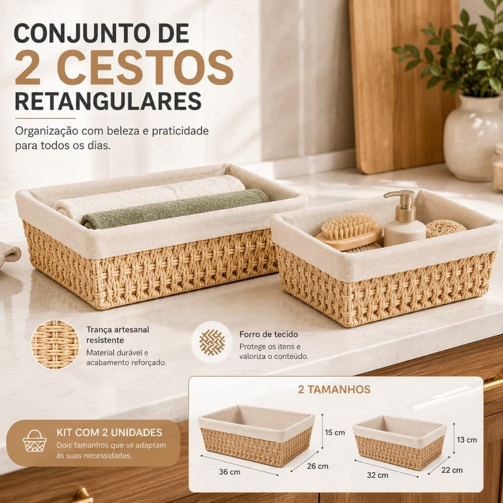 Kit 2 Cestos de Palha Retangular com/sem Alça Pão Frutas Tecido Multiuso Banheiro Closet Cozinha