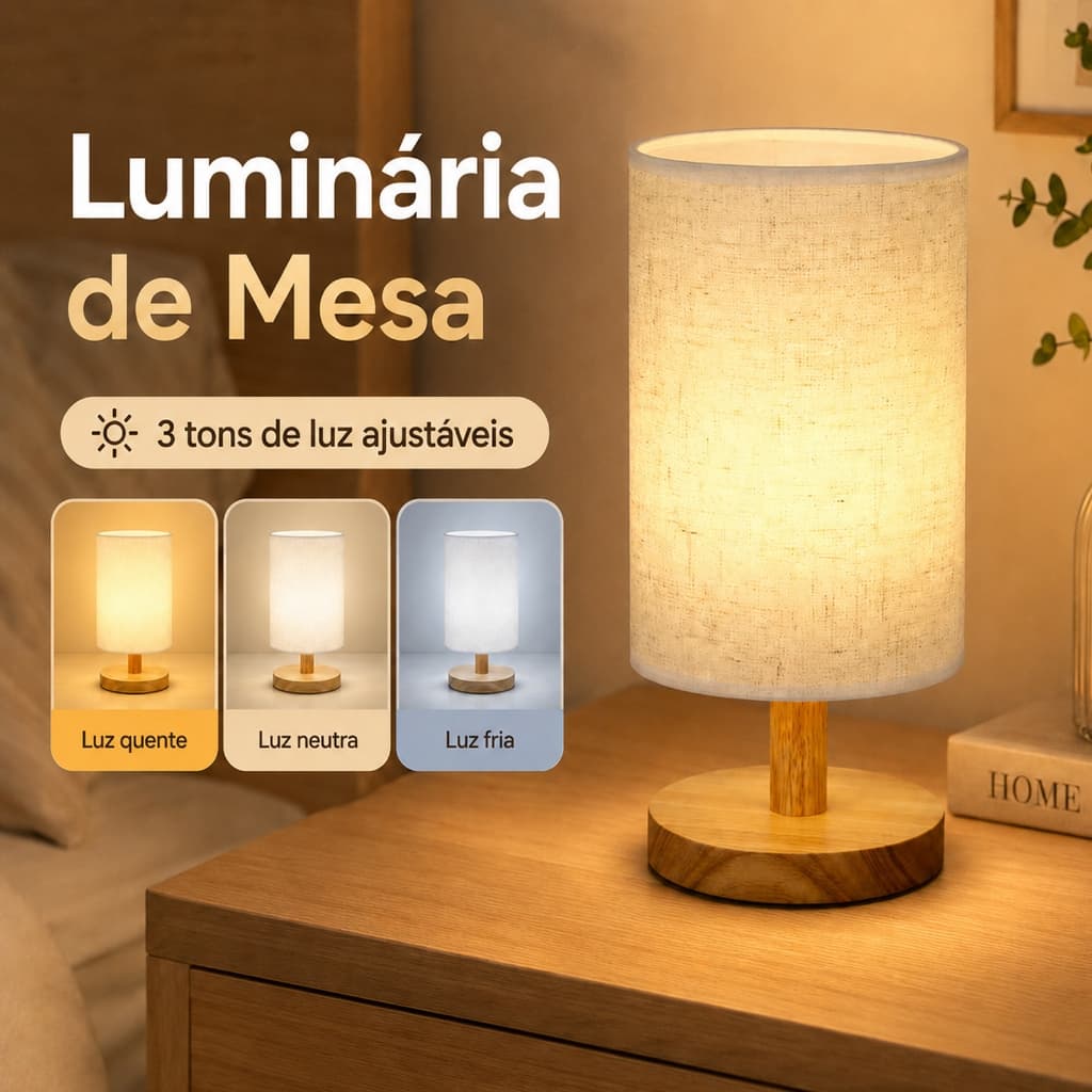 Luminária de Mesa USB LED Madeira e Tecido 3 Cores Luz Abajur Quarto Sala Escritório Decoração