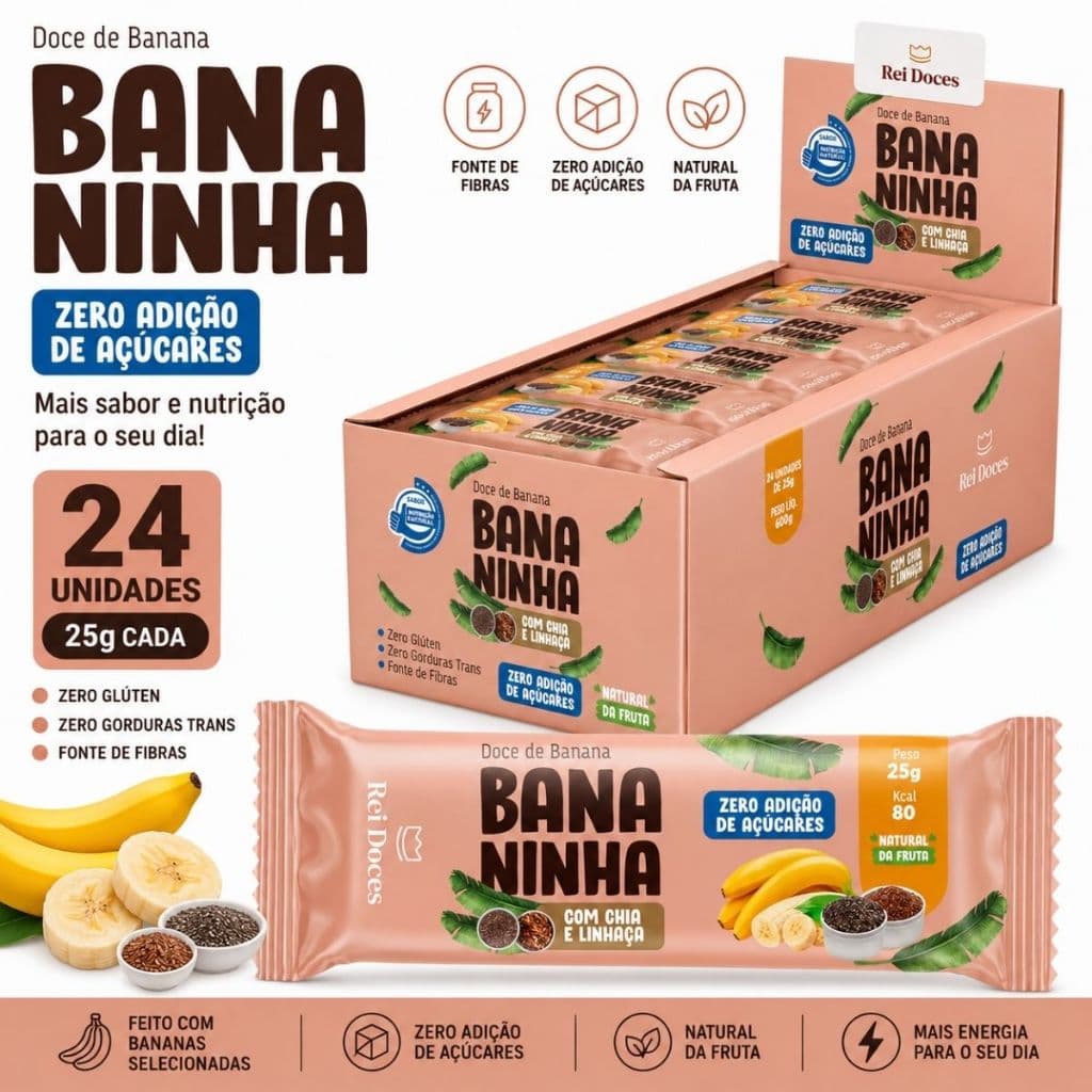 Bananinha Chia E Linhaça Zero Açúcar Adicionado 24x25g Barrinha Saudável Fit