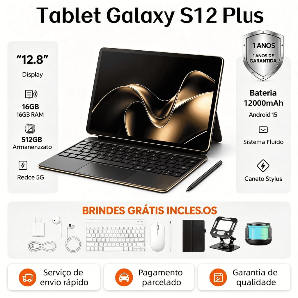 【Teclado e mouse grátis】Tablet Galaxy S12 Plus Android 15 | 16 GB + 512 GB | 12,8 polegadas | 12.000 mAh