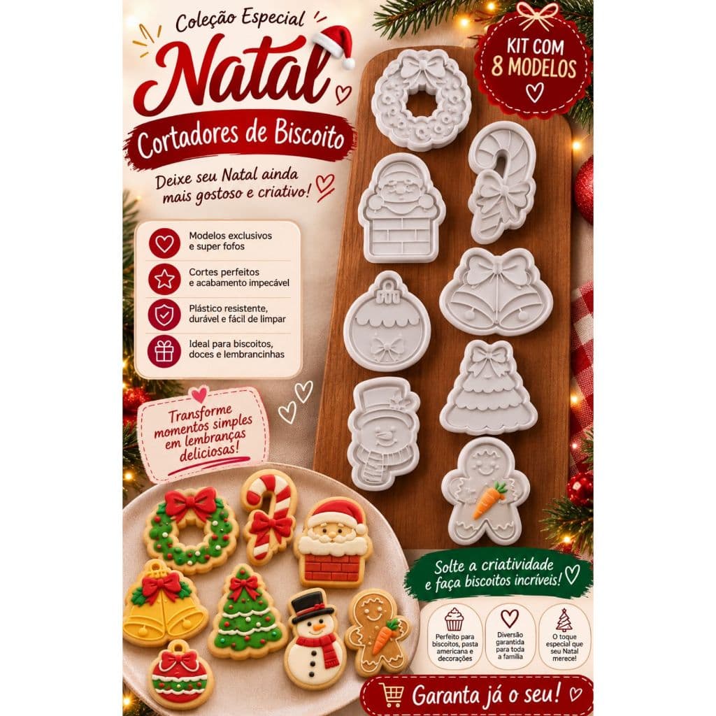 Kit 8 Cortadores e Marcadores de Natal para Biscoitos, Biscuit e Massinha de Modelar