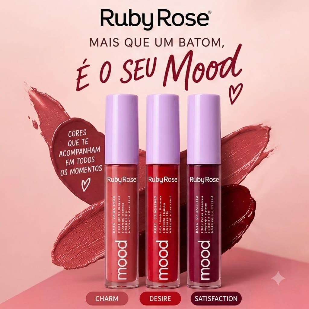 Batom Líquido Matte Ruby Rose Mood Alta Pigmentação Longa Duração – Charm, Desire e Satisfaction