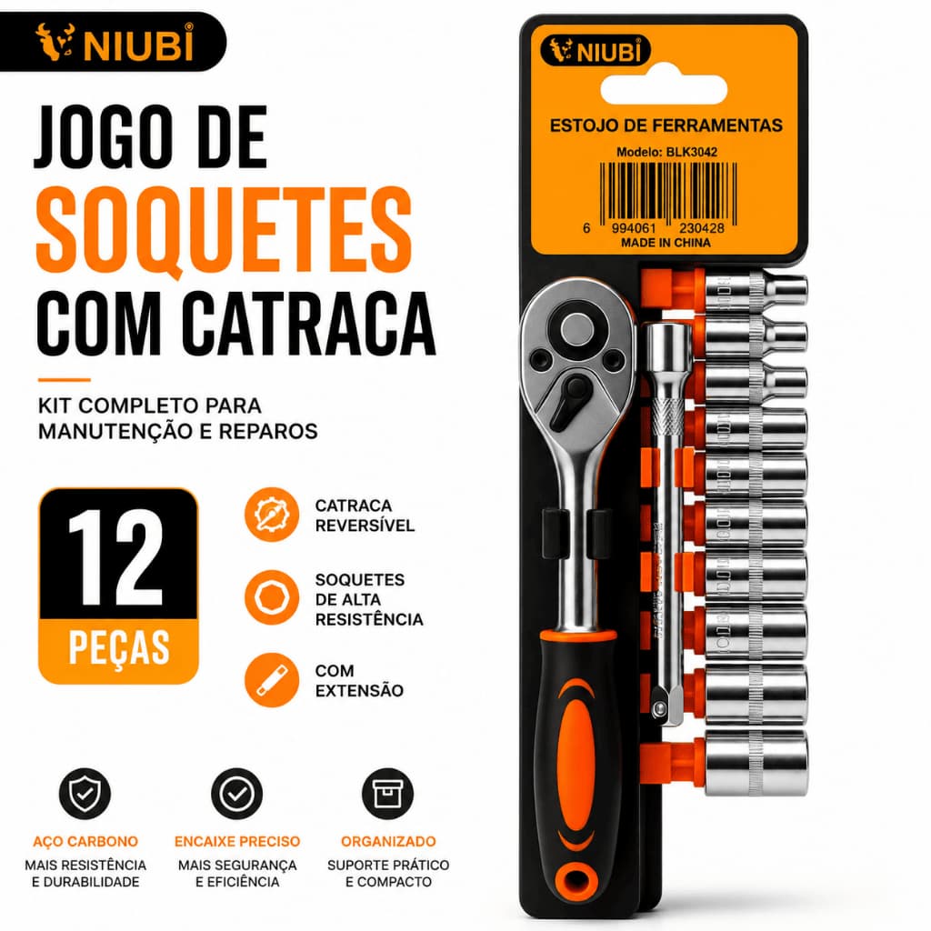 Jogo de Soquetes com Catraca 12 Peças NIUBI BLK3042 Kit Chave Catraca com Extensão Aço Carbono