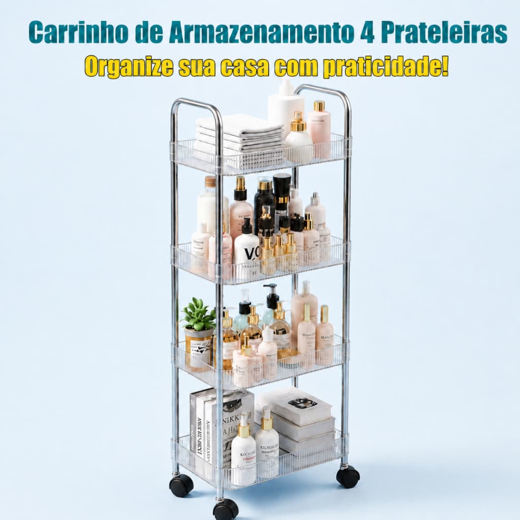 Carrinho Organizador 4 Prateleiras Transparente Rodízios 360° Multiuso Cozinha Banheiro Quarto Escritório