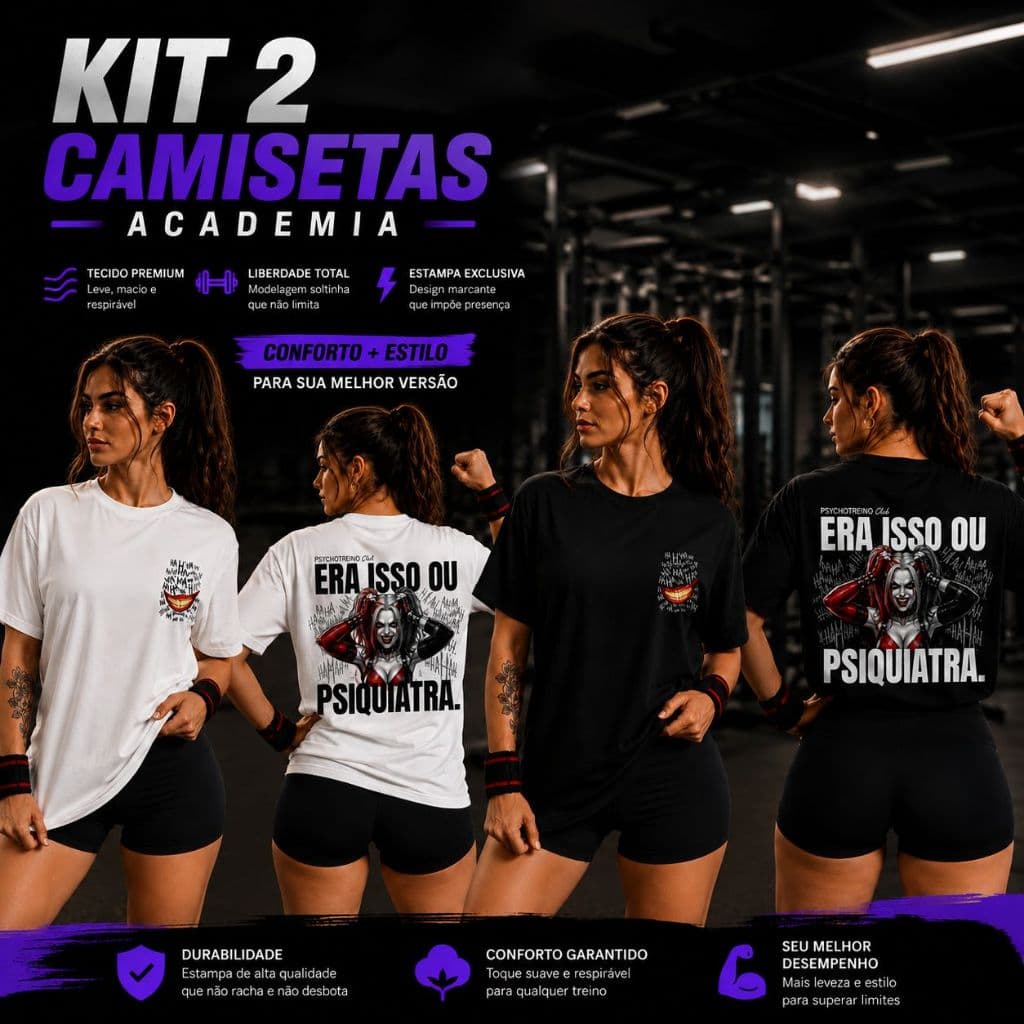 Kit 2 Camisetas 100% Algodão Feminina Treino Academia Musculação Fitness Gym Crossfit Psiquiatra