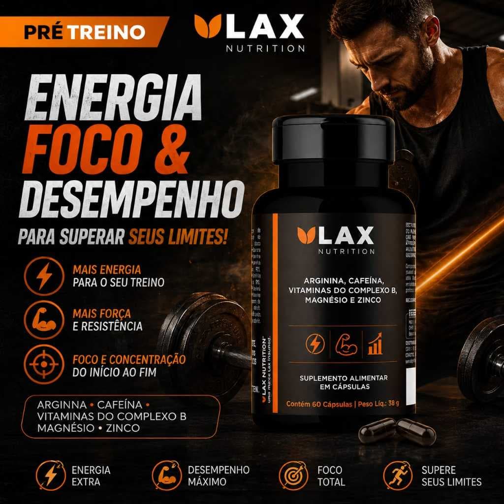 PRÉ TREINO ARGININA, CAFEÍNA VITAMINAS DO COMPLEXO B MAGNÉSIO E ZINCO 60 CÁPSULAS SUPLEMENTO ENERGÉTICO TREINO FORÇA