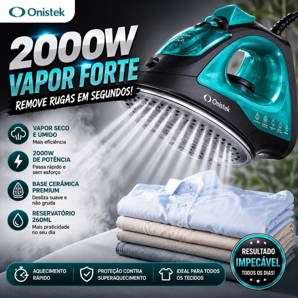 Ferro a Vapor Multiuso Seco/Úmido - 260ml Vapor Regulável Base Cerâmica 220V/2000W Proteção térmica
