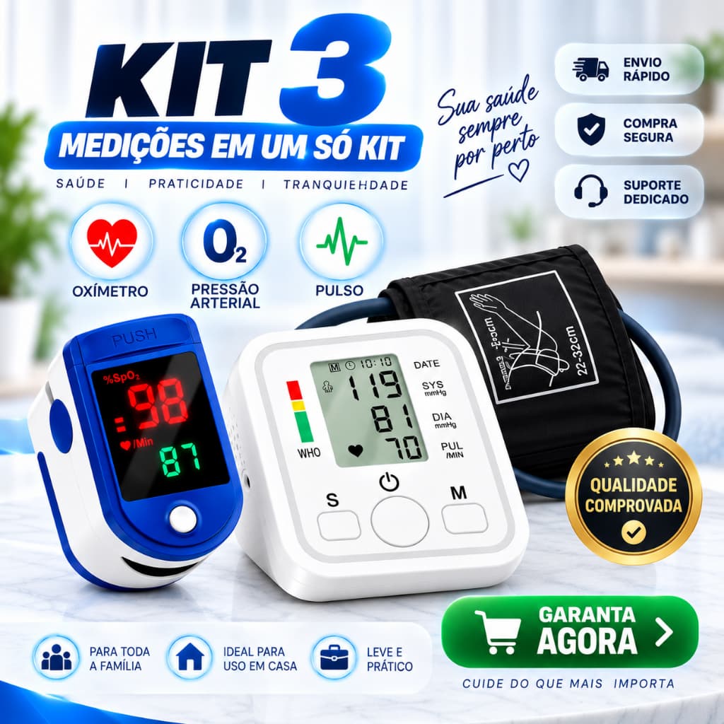 Oxímetro Digital de Dedo + Aparelho de Pressão Digital de Braço Kit Medidor de Saturação e Pressão