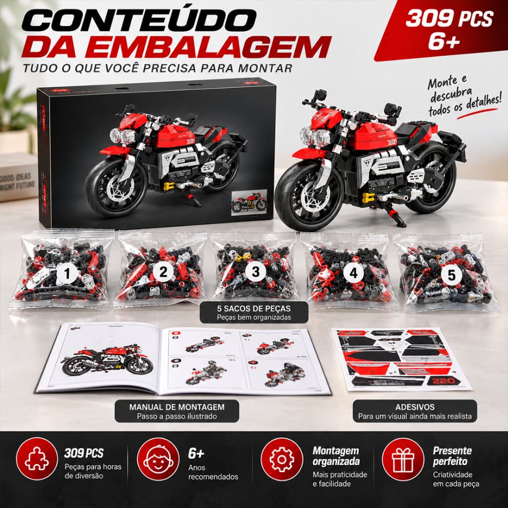 Triumph Speed Triple red Moto de Blocos de Montar 309 Peças Compatível com Lego Brinquedo Educativo Detalhado Modelo