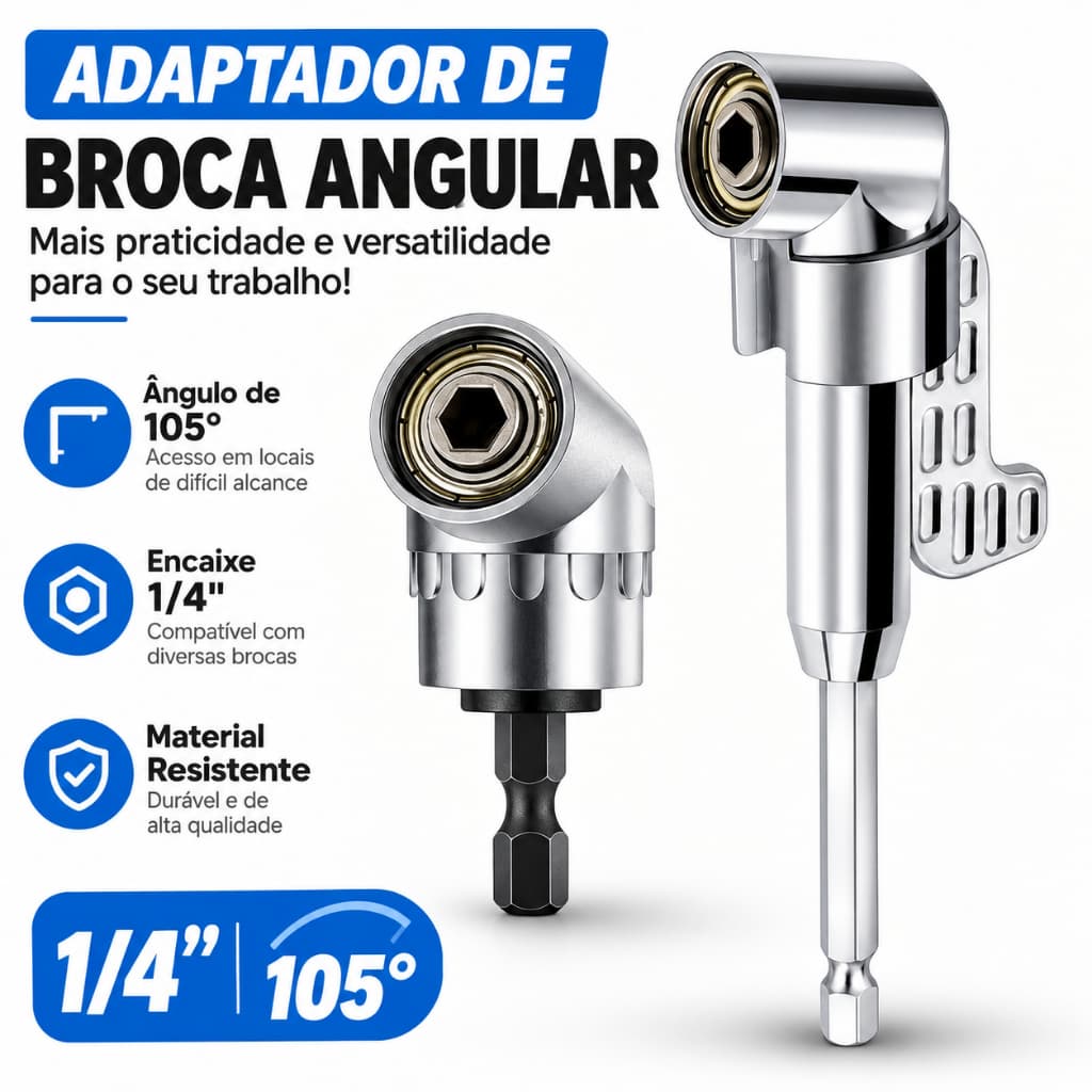 Adaptador Angular 90° 105° para Parafusadeira e Furadeira Extensor de Bits Magnético 1/4” (6,35mm) Aço Reforçado