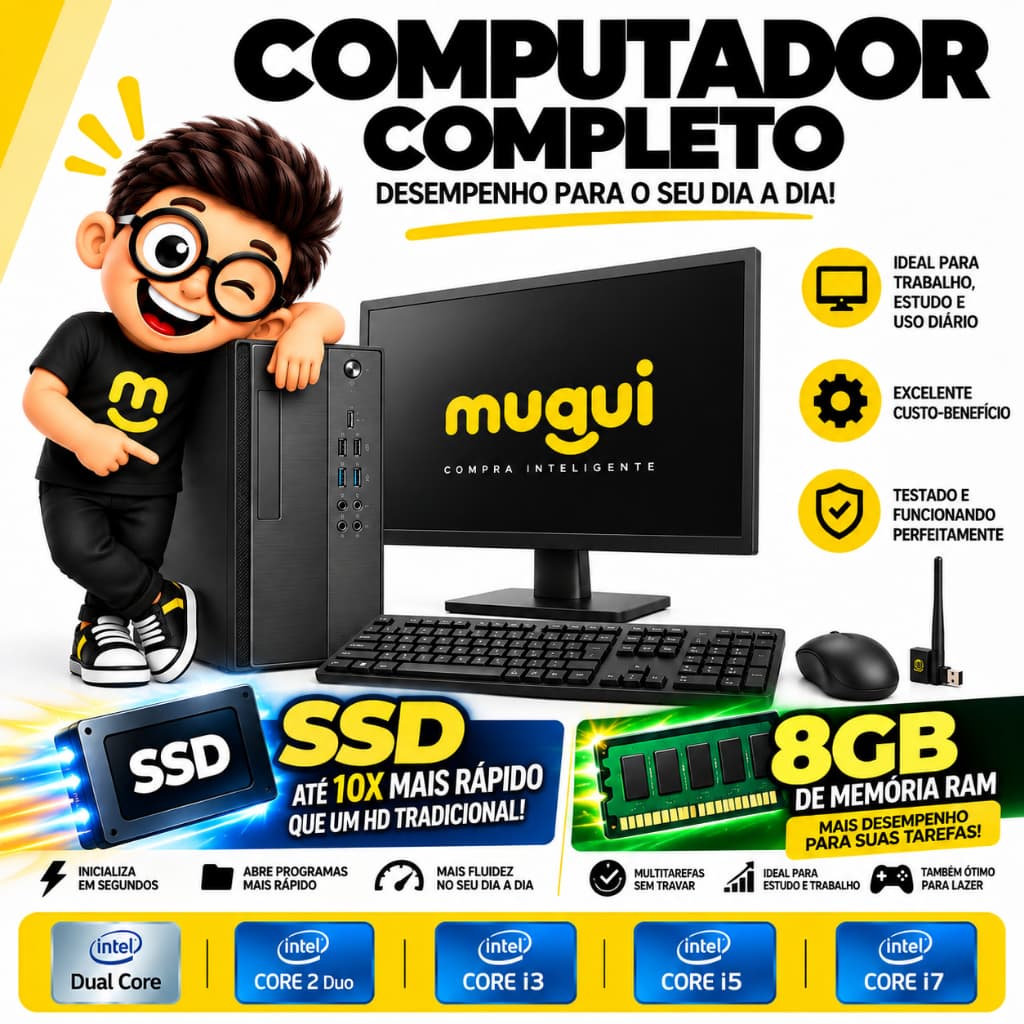 Computador Completo, com SSD, 8GB, Teclado, Mouse, Monitor e WiFi