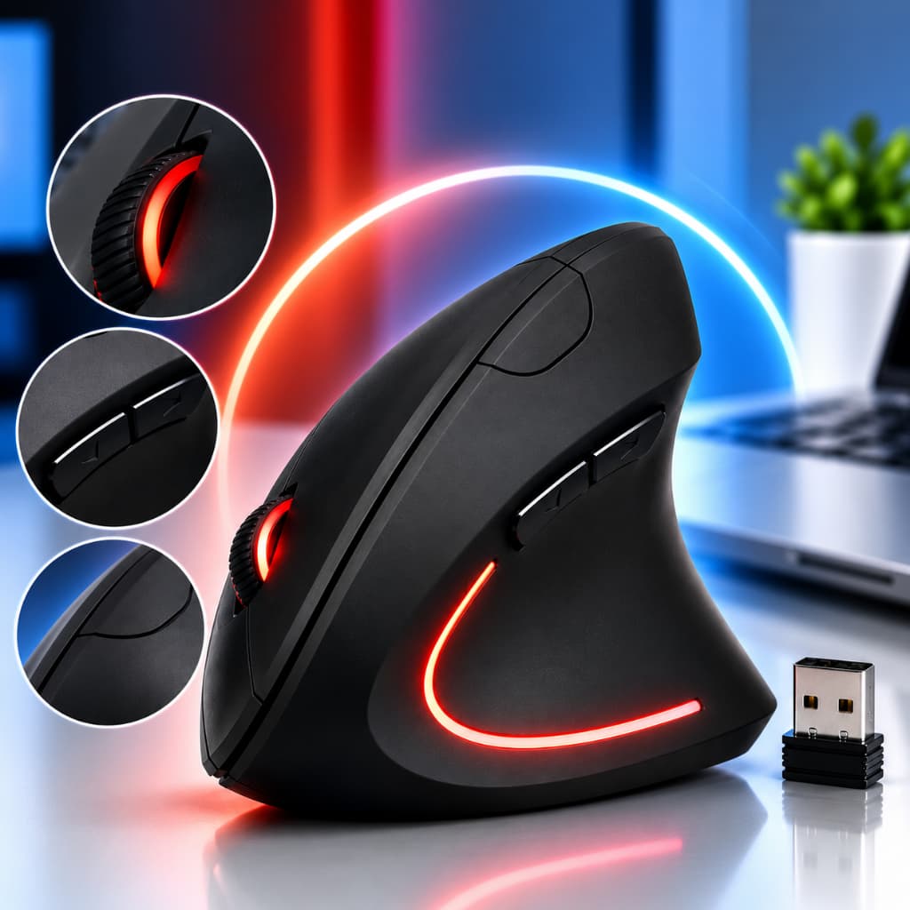 Mouse Vertical sem Fio com 6 Botões Confortável Previne Tendinite e Dores