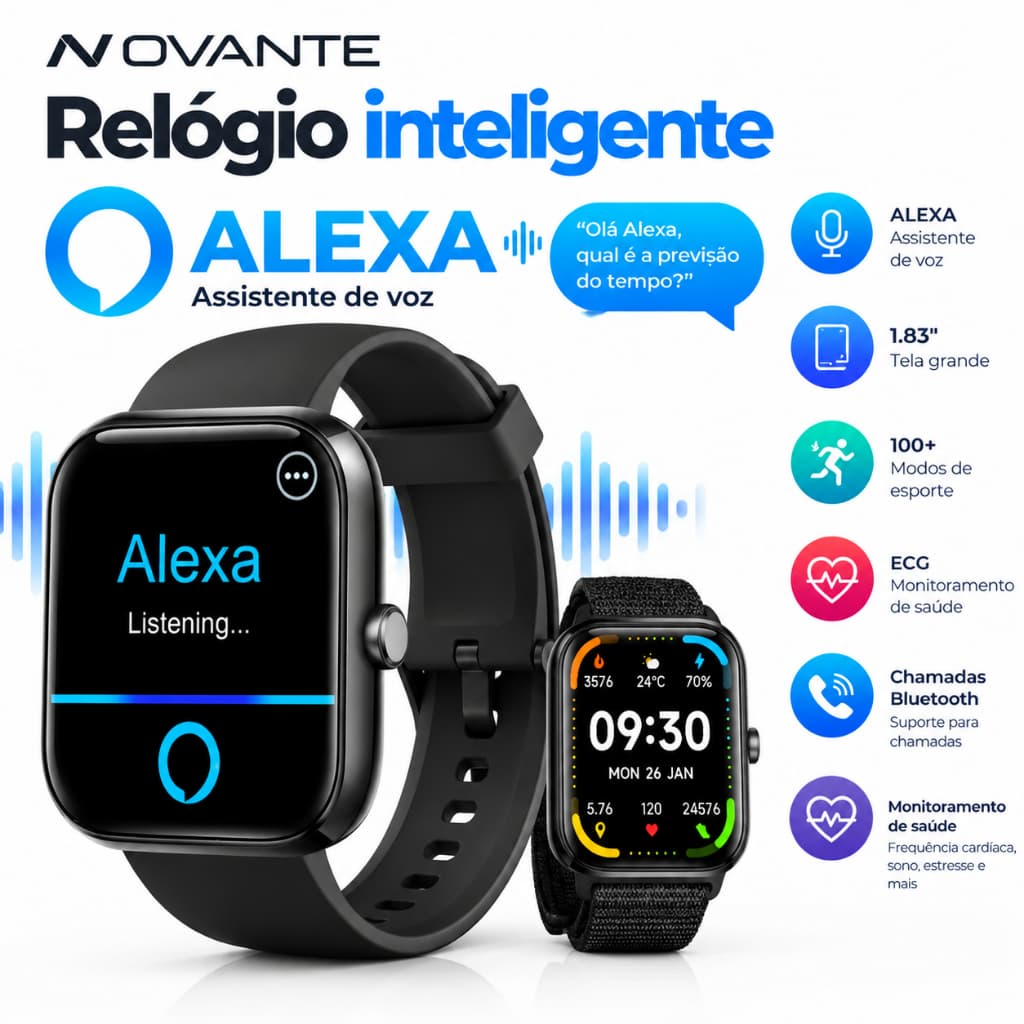 Relógio Inteligente Alexa Integrada Tela 1.83" Smartwatch Bluetooth Chamadas Controle de Saúde NOVANTE