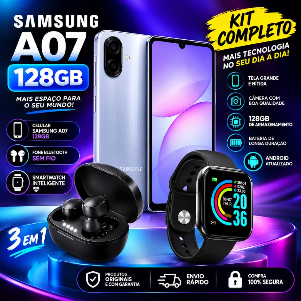 Celular Samsung Galaxy A07 128GB  Câmera Dupla 50MP 5000Mah + Fone de Ouvido Bluetooth + Smartwatch