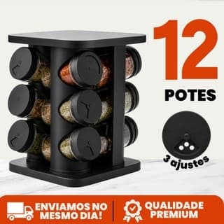Porta Tempero Condimento Girátorio 12 e 6 Potes Cozinha Preto 360 Graus Organizador Dosador Profissional