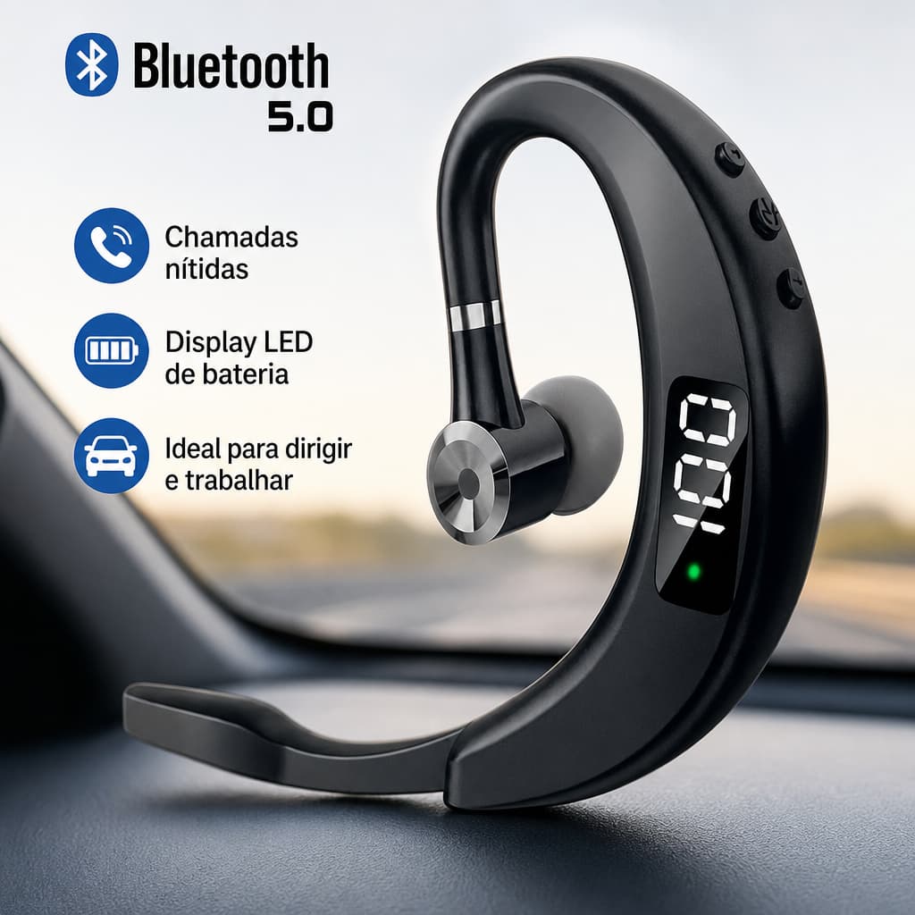 Fone Bluetooth Mono Haste Flexível Display Digital, Fone de Ouvido Individual para Atender Ligações no Dia a Dia