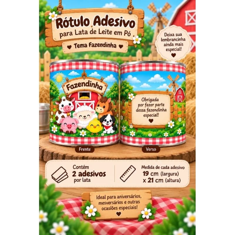 RÓTULO ADESIVO FAZENDINHA PARA LATA DE LEITE EM PÓ PERSONALIZADA | KIT 20, 30 OU 50 LATAS | FESTA INFANTIL FAZENDA