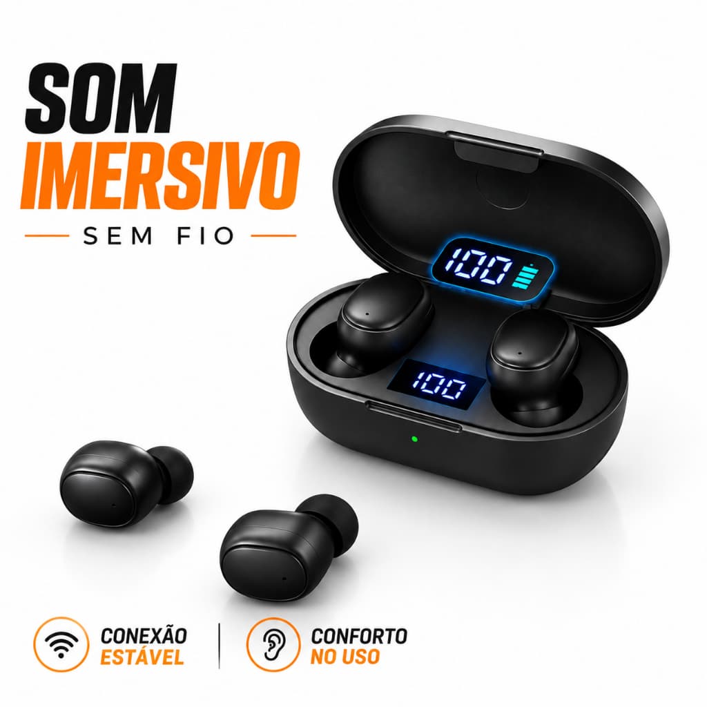 Fone De Ouvido Sem Fio Bluetooth 5.3 TWS Sem Fio Duplo com Microfone Luz LED Preto H'maston RS-26 Fone de Ouvido