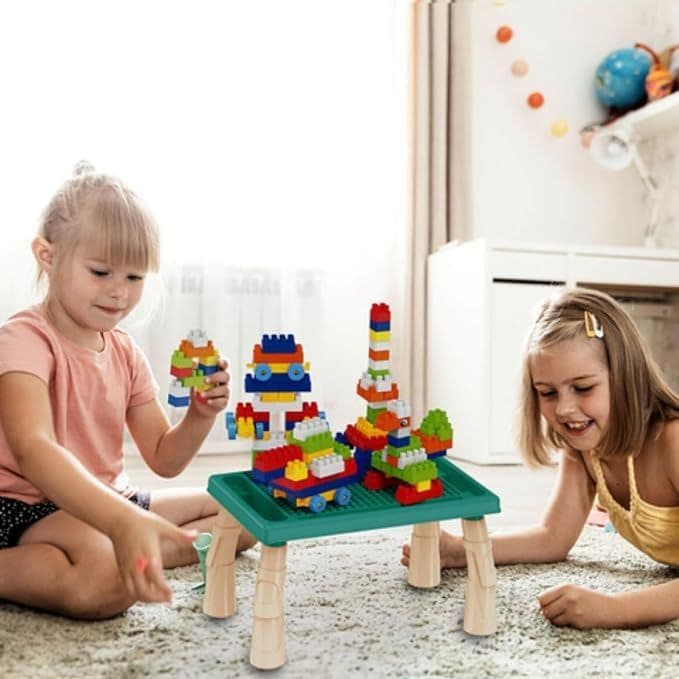 Mesa Educativa Montar Bloco Rosa ou Verde Pecinhas Tipo Lego