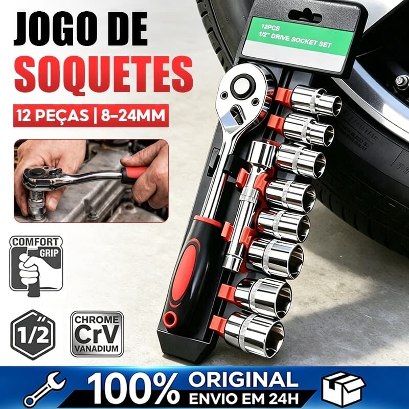 Jogo de Chave Catraca e Soquetes Aço Cr-V, Ferramenta Profissional para Reparos Automotivos e DIY