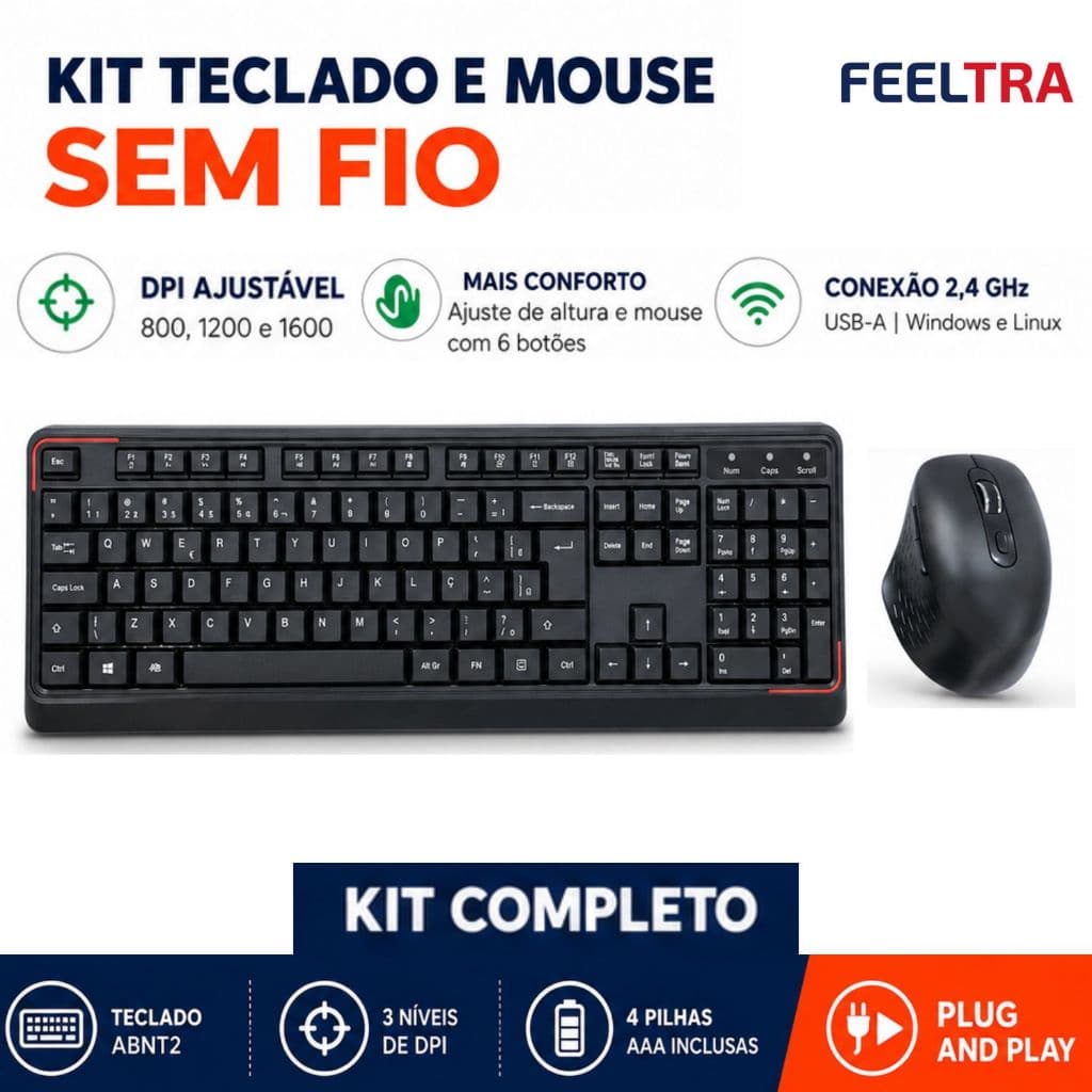 Kit Teclado e Mouse Sem Fio Wireless USB 2.4GHz com 4 Pilhas Teclado Numérico ABNT2 Mouse Ergonômico Silencioso 1600 DPI