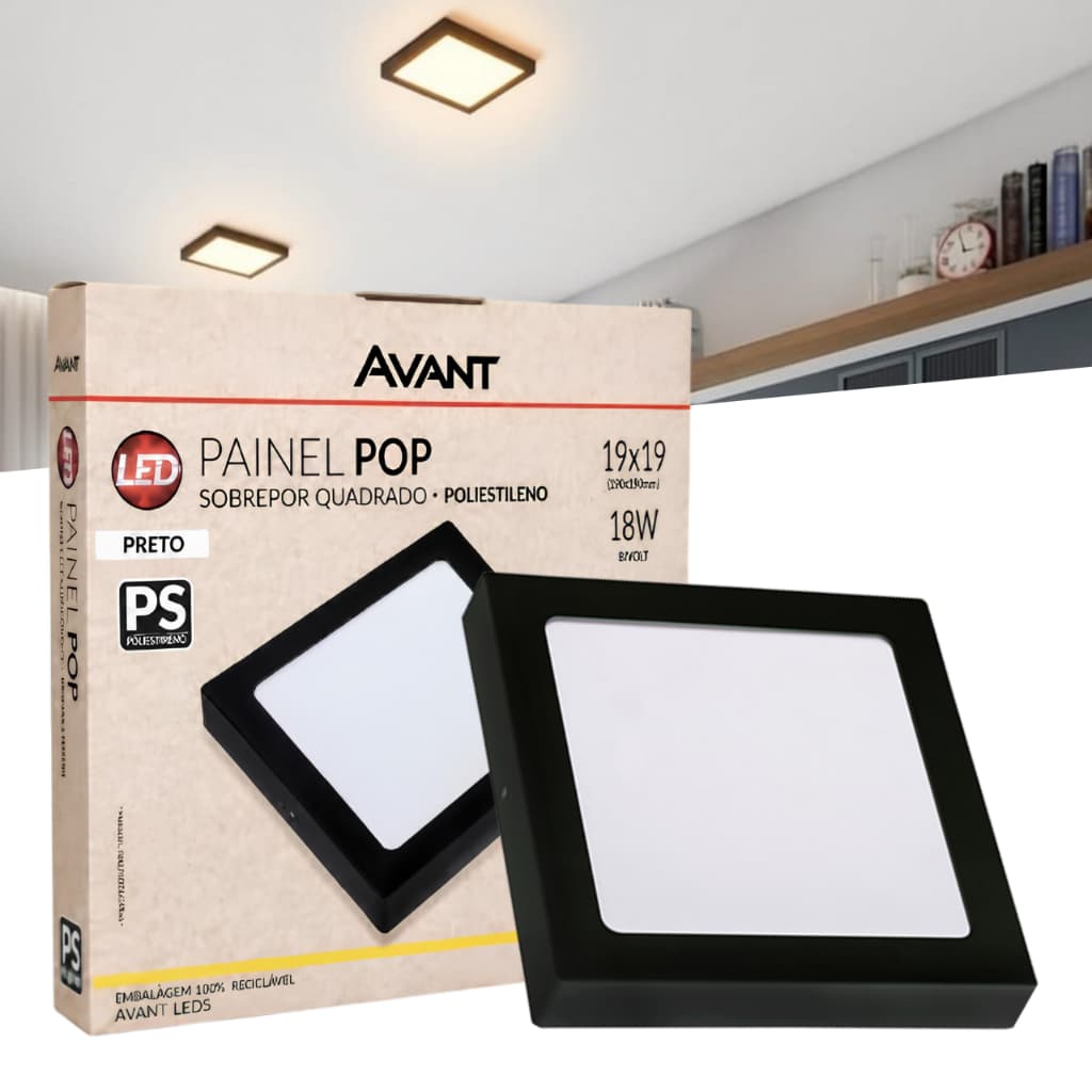 Luminária Painel Plafon Led 18W Preto Quadrado Sobrepor Avant Branco Quente 3000K Bivolt