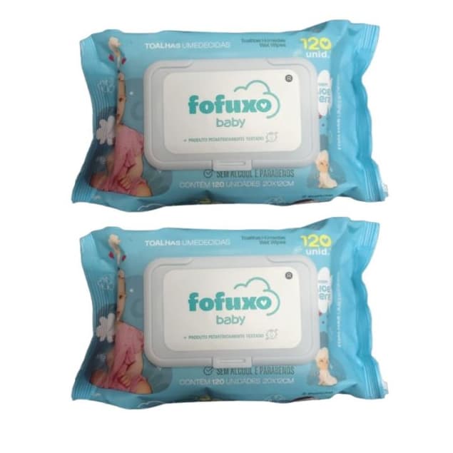 Kit com  2 Lenço Umedecido Fofuxo Premium com 120 unidades