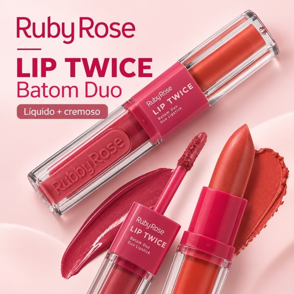 Batom Duo Ruby Rose Lip Twice 2 em 1 Líquido Matte e Bala Cremosa Longa Duração Alta Pigmentação