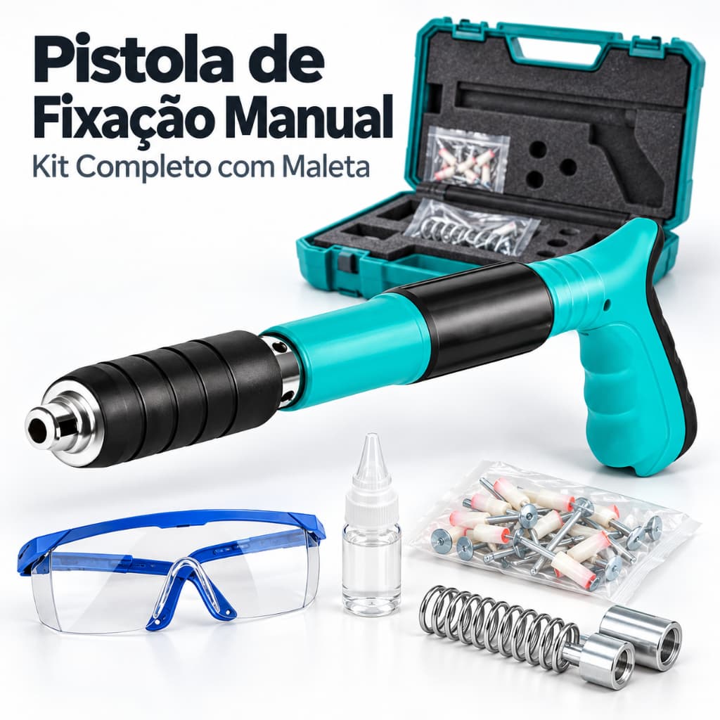 Pistola de Fixação Finca Pino Manual Kit Completo com Maleta 10 Pinos e Acessórios