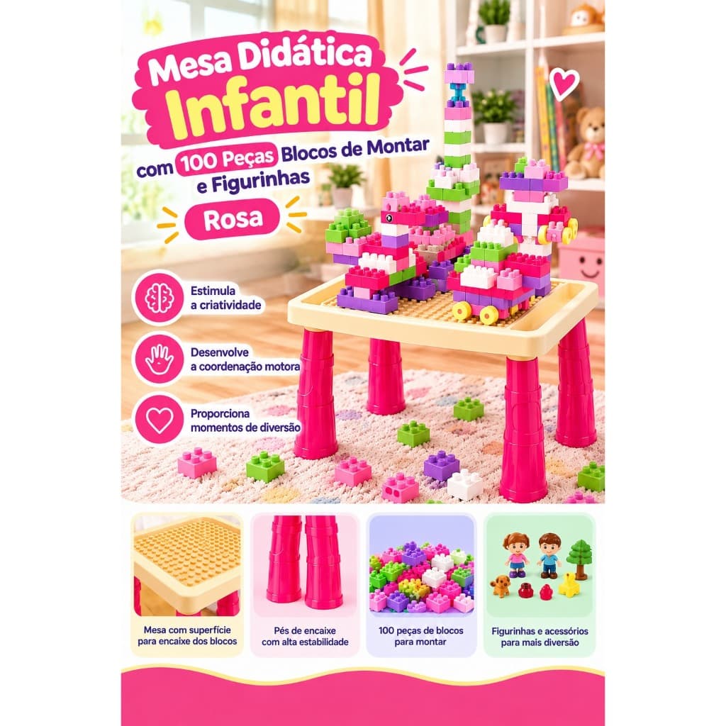 Mesa Infantil com blocos de montar/Criança Lego com 100 peças