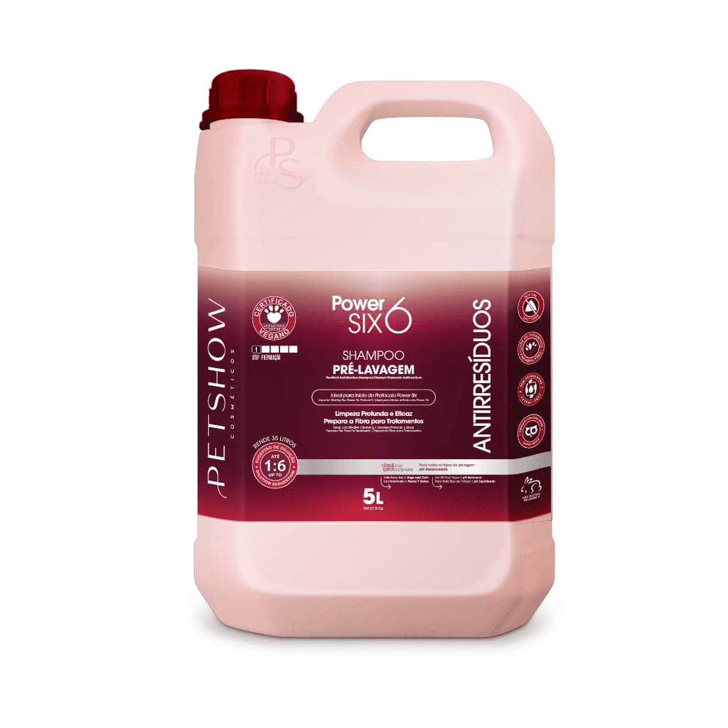 Shampoo Antirresíduos Pré-Lavagem Power Six 5L Pet Show Banho e Tosa Profissional Rende 35 Litros Para Cães e Gatos