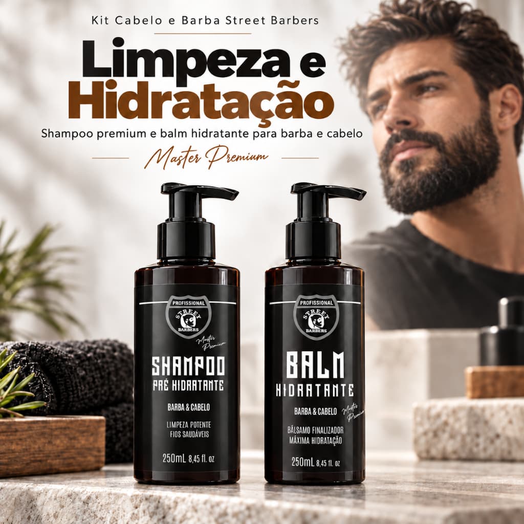 Kit Barba e Cabelo Masculino Shampoo Pré-Hidratante + Balm Hidratante Street Barbers 250ml