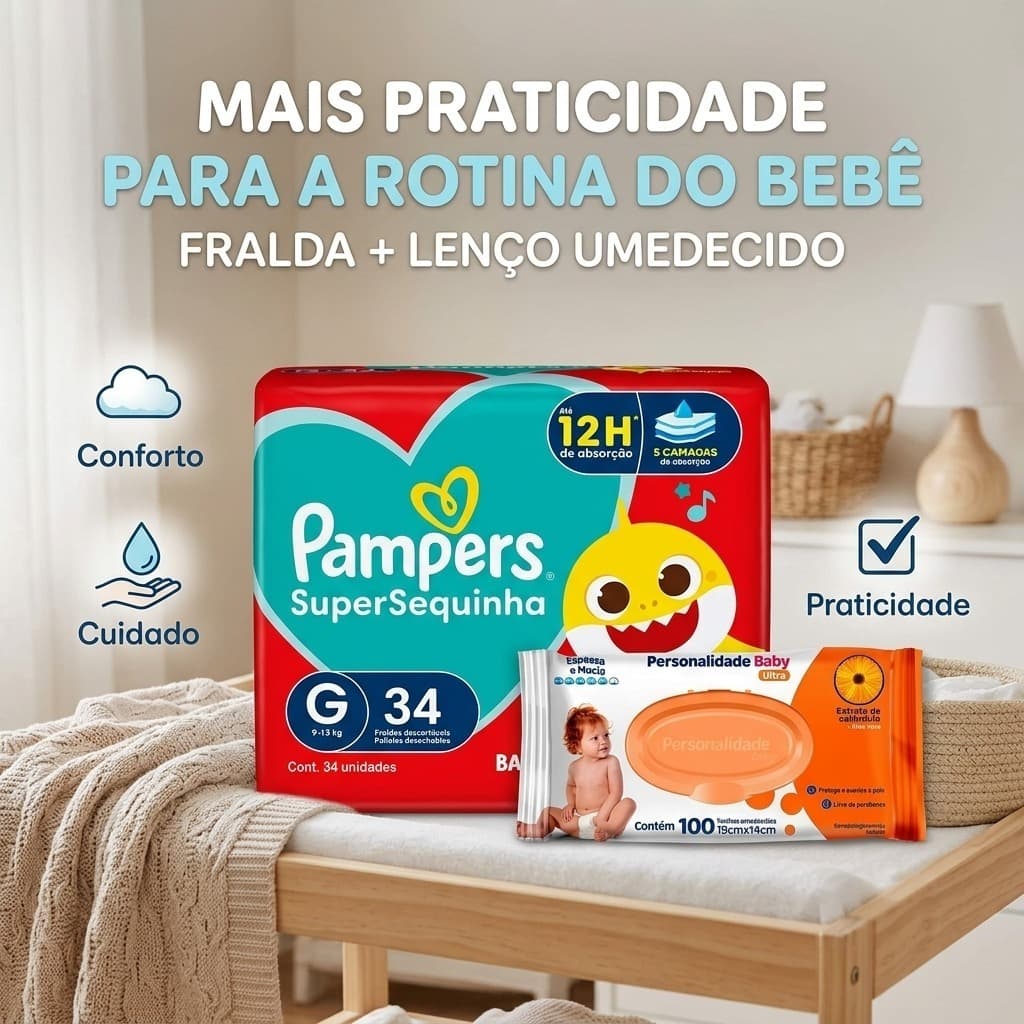Kit Bebê Fralda Pampers Supersequinha Baby Shark + Lenço Personalidade Baby 100 Unidades
